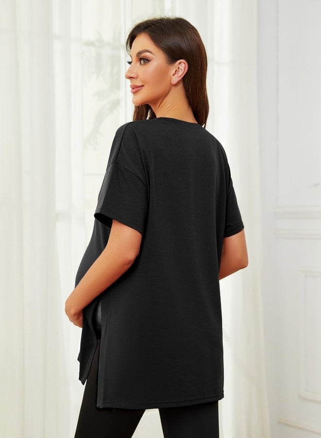 Ecavus Women's Casual Maternity Shirts Split Side Pregnancy Tops Blouses Short Sleeve Loose Fit Maternity Clothes Black - Image 5